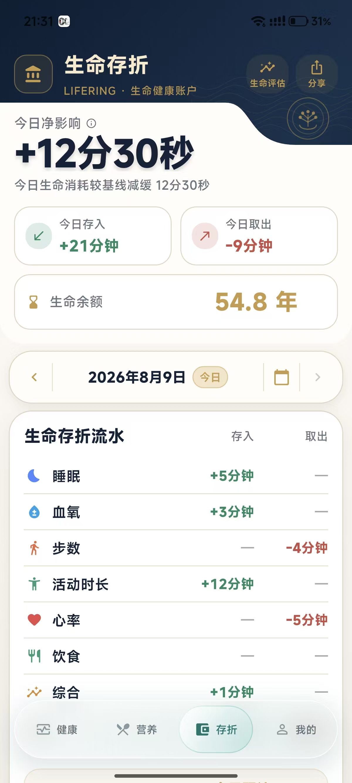 生命存折每日收支与余额实际界面，数值为模型估算示例