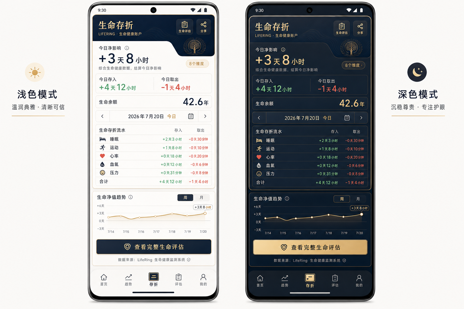 生命存折浅色与深色真实 App 界面